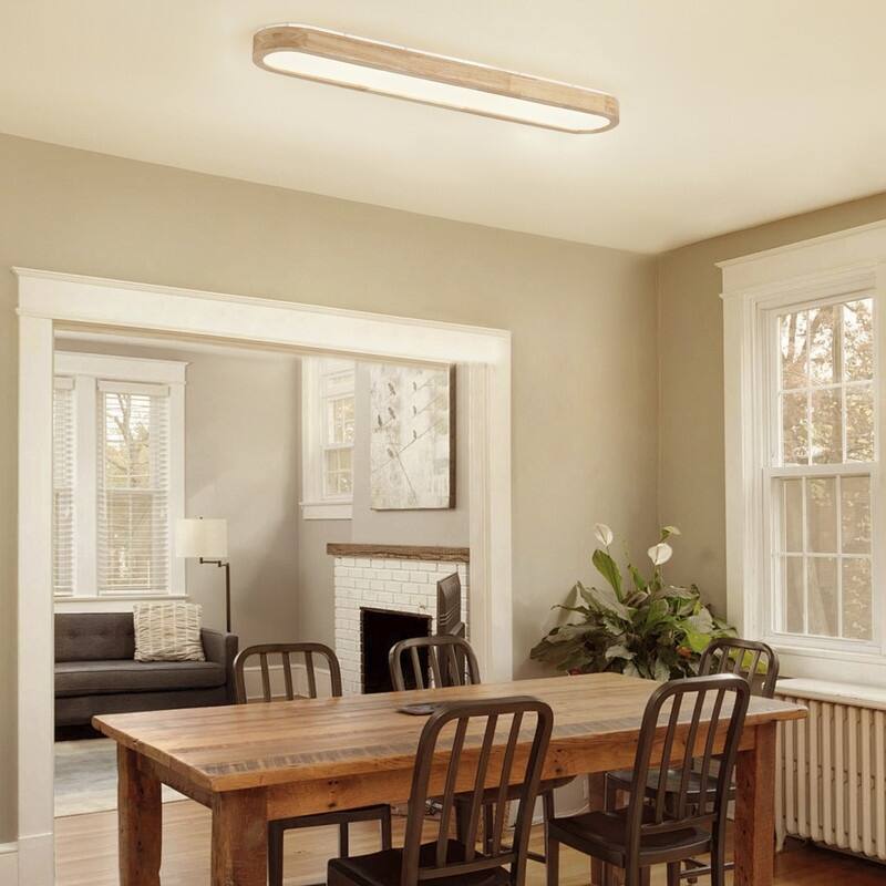 Modern Linear Flush Mount Ceiling Light Matte White Metal with Wood Grain Accent Milky White Diffuser