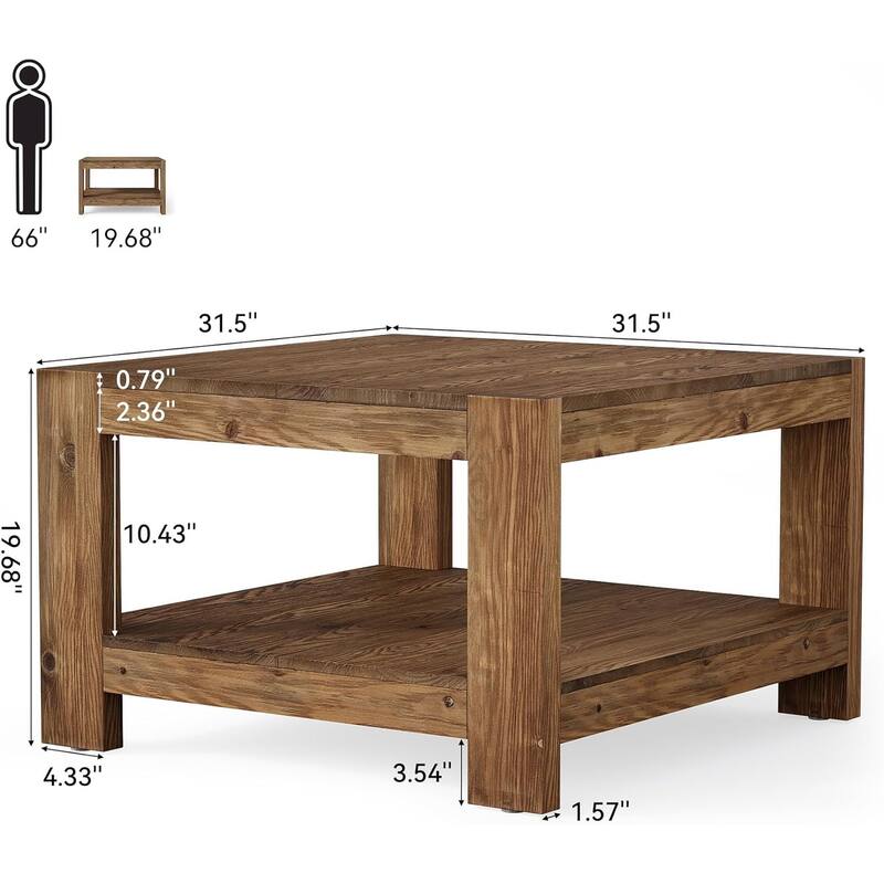 31.5" Solid Wood Square Coffee Table for Living Room