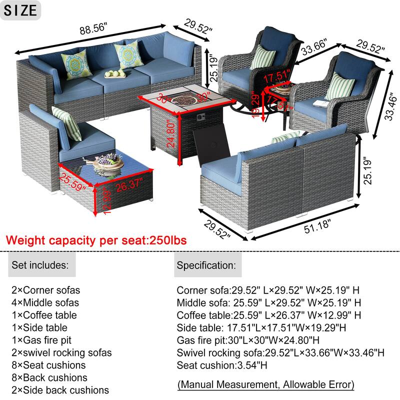 OVIOS 11-Piece Low-profile Swivel Chair Fire Table Outdoor Patio Furniture Set