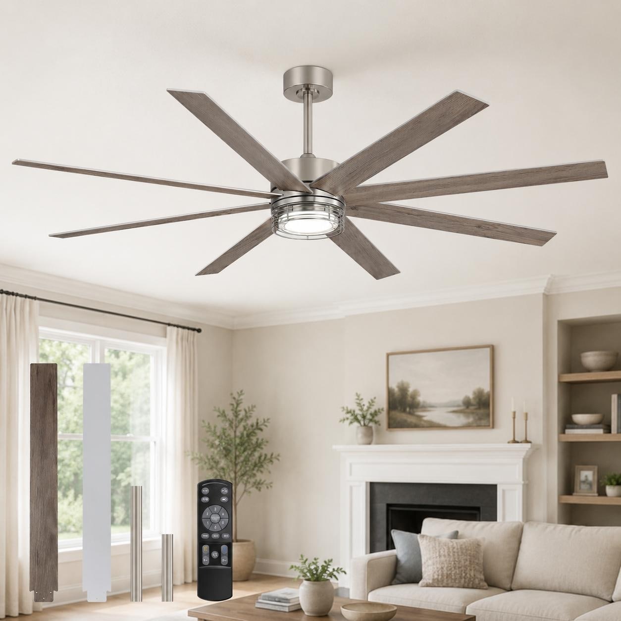 Airsurfer 72 Inch Ceiling Fan with Light, 8 Blade Reversible Ceiling Fan, Remote Control Quiet Fan
