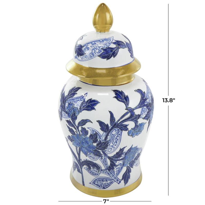 Ceramic Floral Living Room Decorative Jars with Cream and Gold Accents - Blue - Roche River Decor