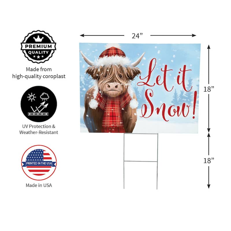 Holiday Highland Cow Yard Sign - "Let It Snow" - 24" x 18" - Multicolor