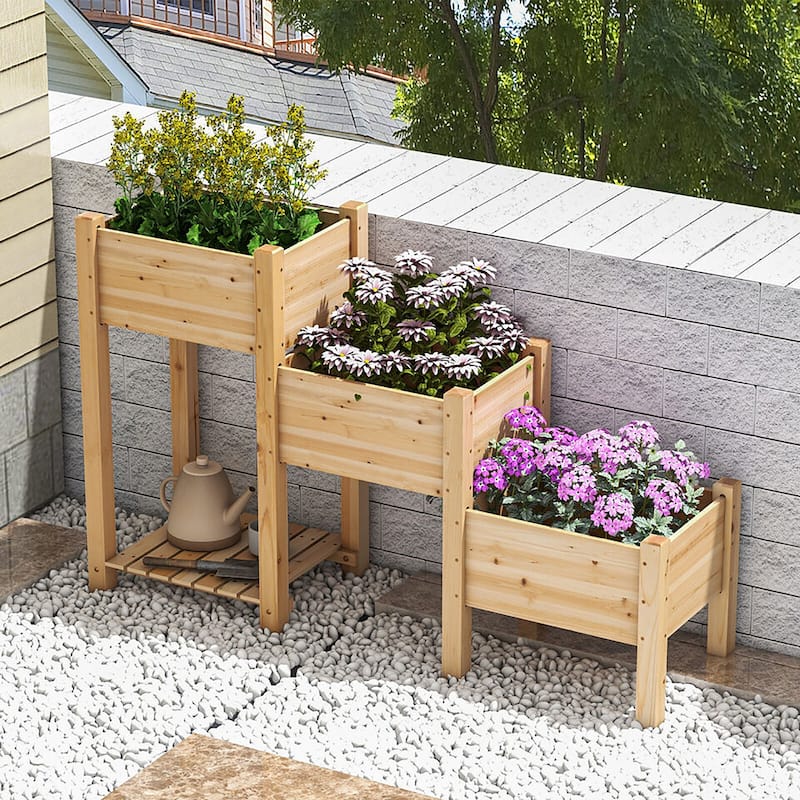 Gymax 3-Tier Wooden Garden Bed Elevated Planter w/ 3 Planter Boxes,