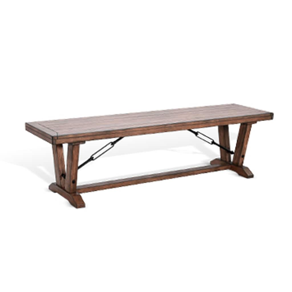 Yael Industrial Bench, Trestle Base, 70 Inch Rustic Brown Solid Wood
