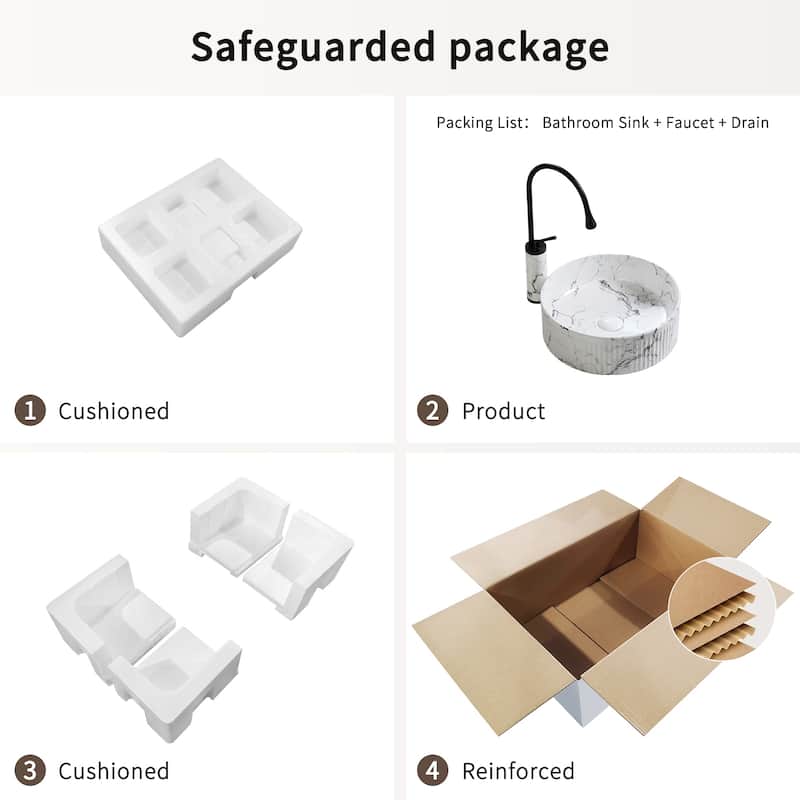 GDFStudio - Luxury Ceramic Vessel Sink with Marble Pattern Surface, Included Faucet and Drain - 15"