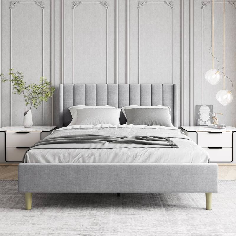 Aufank Bed Frame Upholstered Platform with Wooden Slats, Noise-Free
