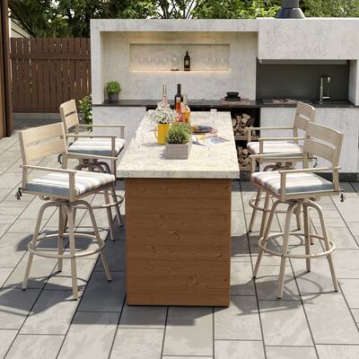Outdoor Swivel Patio Bar Stools Sunbrella Fabric Cushion Aluminum Frame in Woodgrain Finish