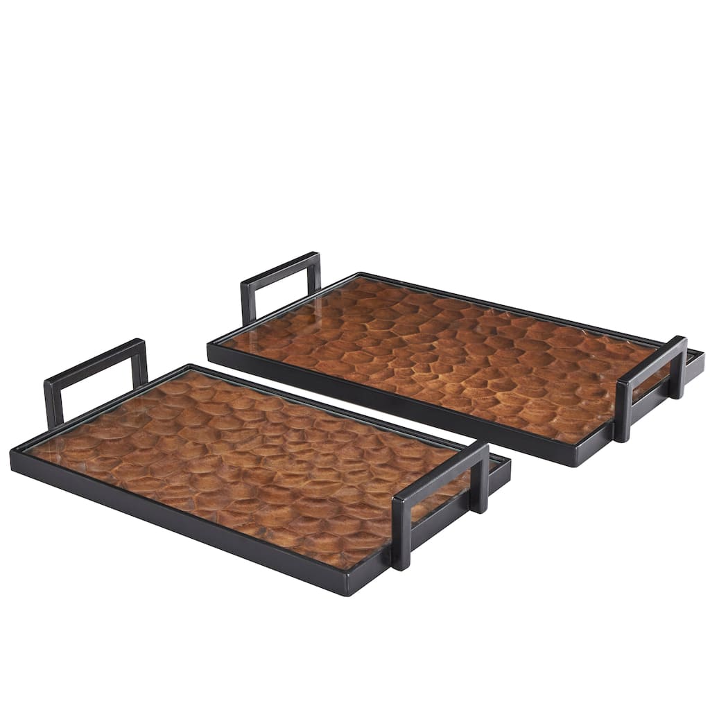 Wood Handmade Carved Pebbled Bottom Tray with Black handles - Set of 2 Brown - Roche River Decor - 10"W x 17"L x 3"H