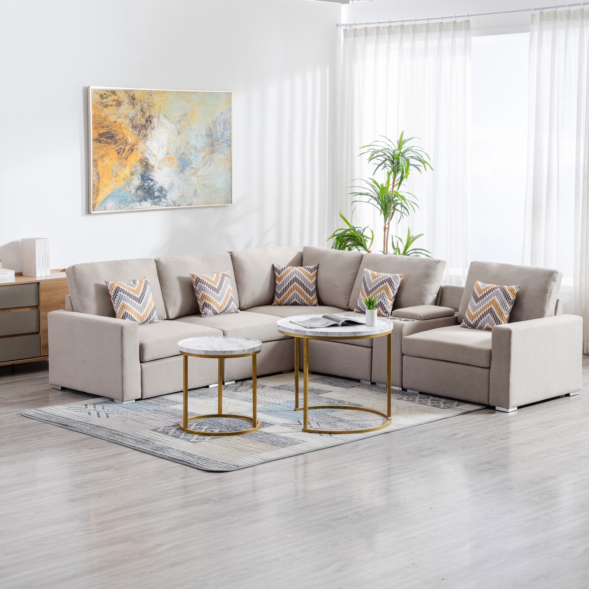 6 Piece Modular Sectional Sofa with Console Table in Beige On