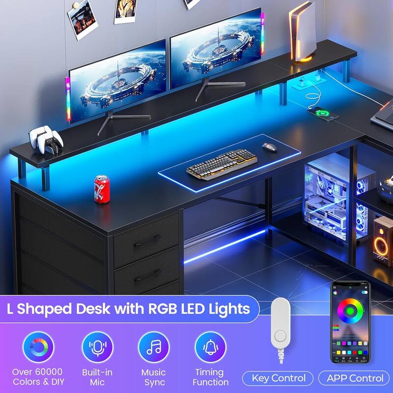 L Shaped Desk with 4 Drawers and Storage Shelves Gaming Desk