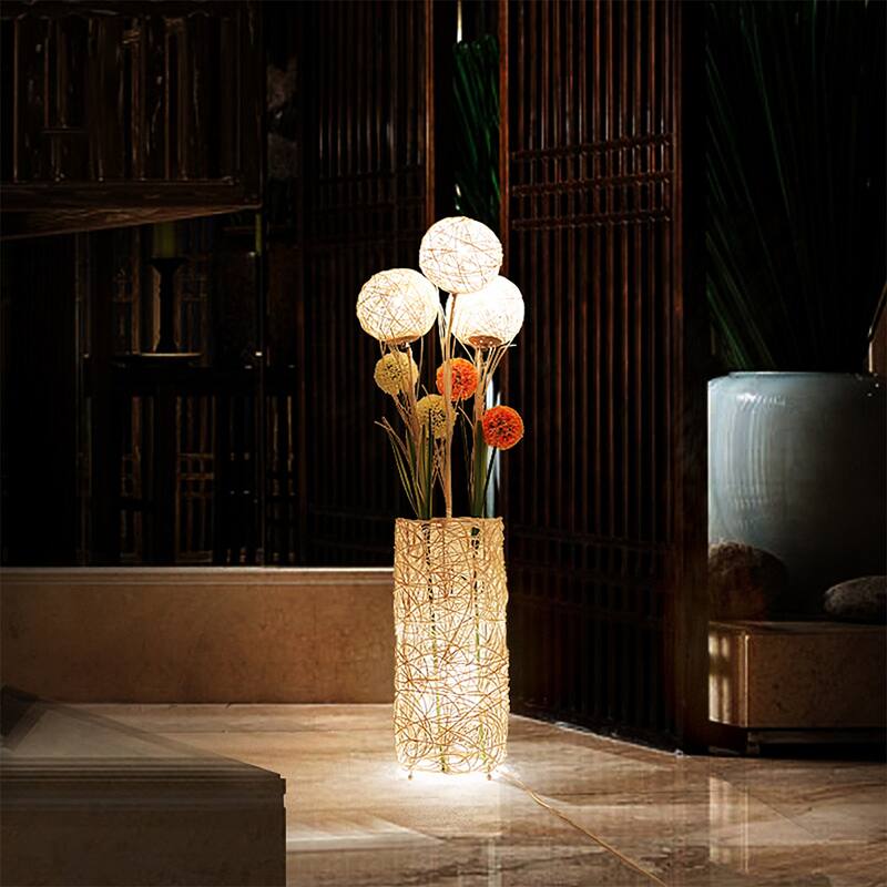 Floor Lamp Pastoral with Hand-Woven Flower Rattan Art Lamp - 8 in. x 8 in.x 43 in.