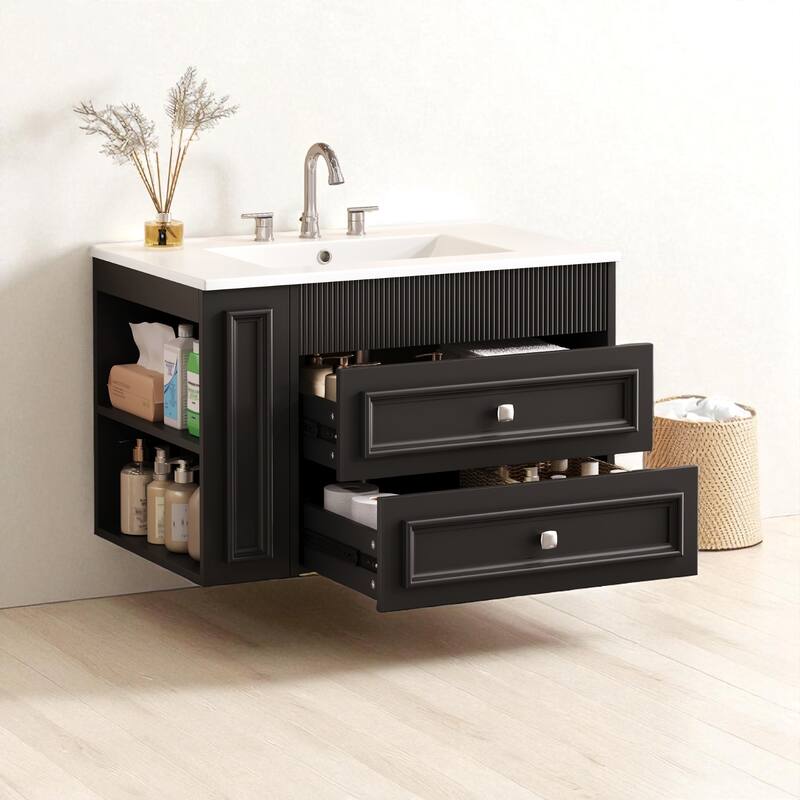 30" Wall Mounted Bathroom Vanity with Ceramic Sink and 2 Drawers, Modern Floating Storage Cabinet