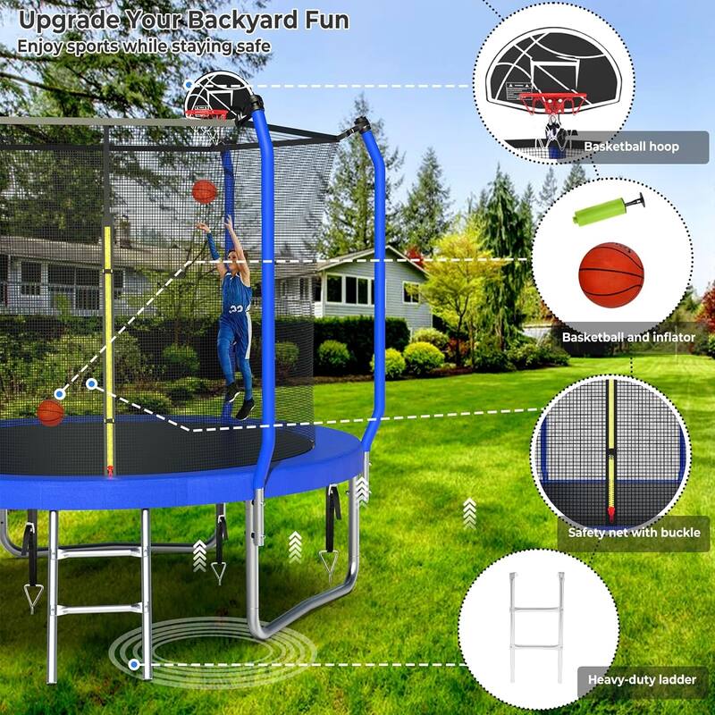 Upgraded 8FT/10FT/12FT/14FT Trampoline, Outdoor Trampoline with Basketball Hoop
