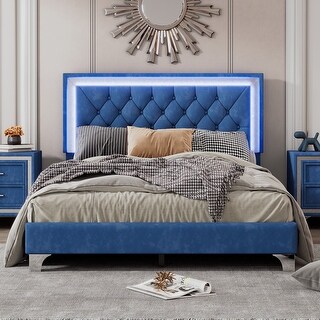Full Size Velvet Upholstered Bed Frame with LED Lights Platform Bed ...