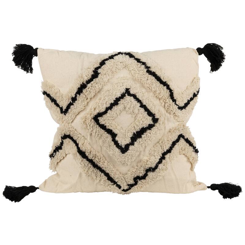 15" Beige and Black Boho Cotton Square Throw Pillow with Tassels