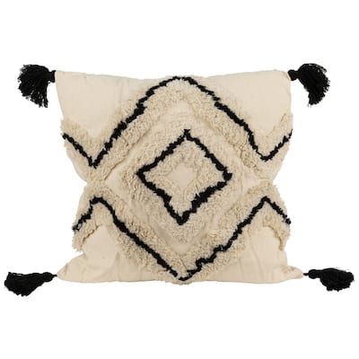 15" Beige and Black Boho Cotton Square Throw Pillow with Tassels