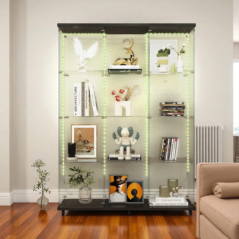 65" Tempered Glass Display Cabinet with Bluetooth LED Lights, Lockable Doors, Casters, 5-Shelf Storage Showcase