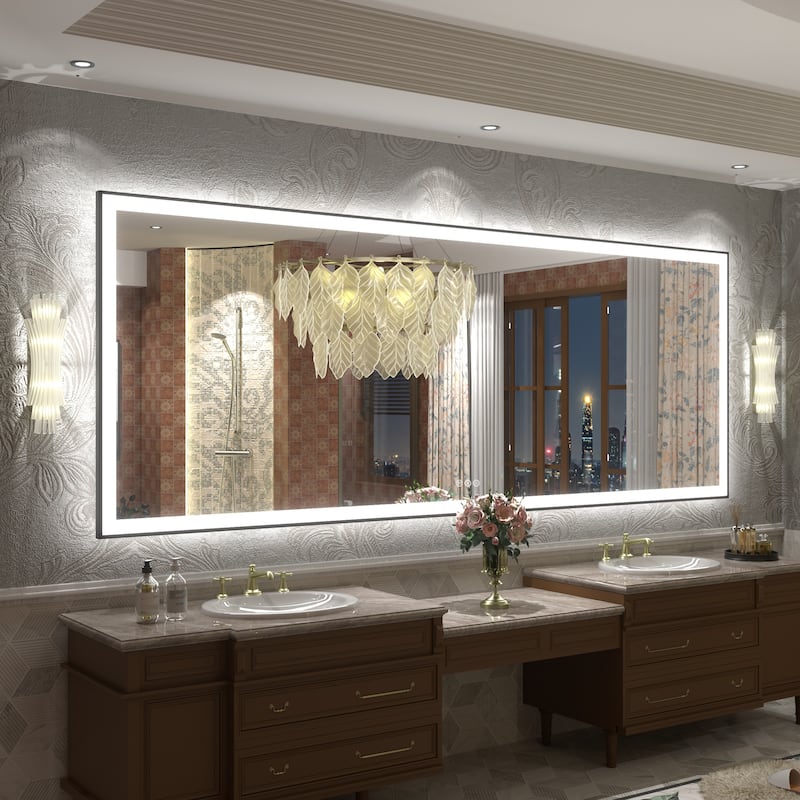 Front & Back LED Anti-Fog Tempered Glass Framed Bathroom/Vanity Mirror 3-Year Warranty - 96" x 36"-Square Corner - Black