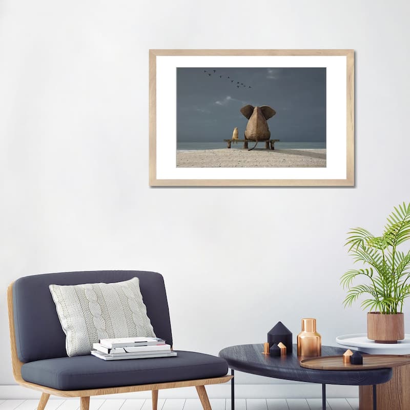 iCanvas "Elephant And Dog Sit On A Beach" by Mike Kiev
