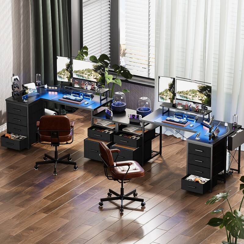 Modern Farmhouse 71'' L Shaped Desk with File Drawers, Reversible Computer Desk with Power Outlets and Smart LED Lights