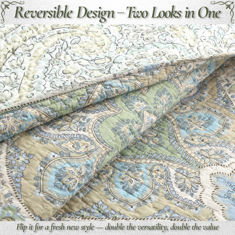 Cozy Line Tweedia Blue Green Floral Paisley Damask 3 Piece Cotton Quilt Bedding Set