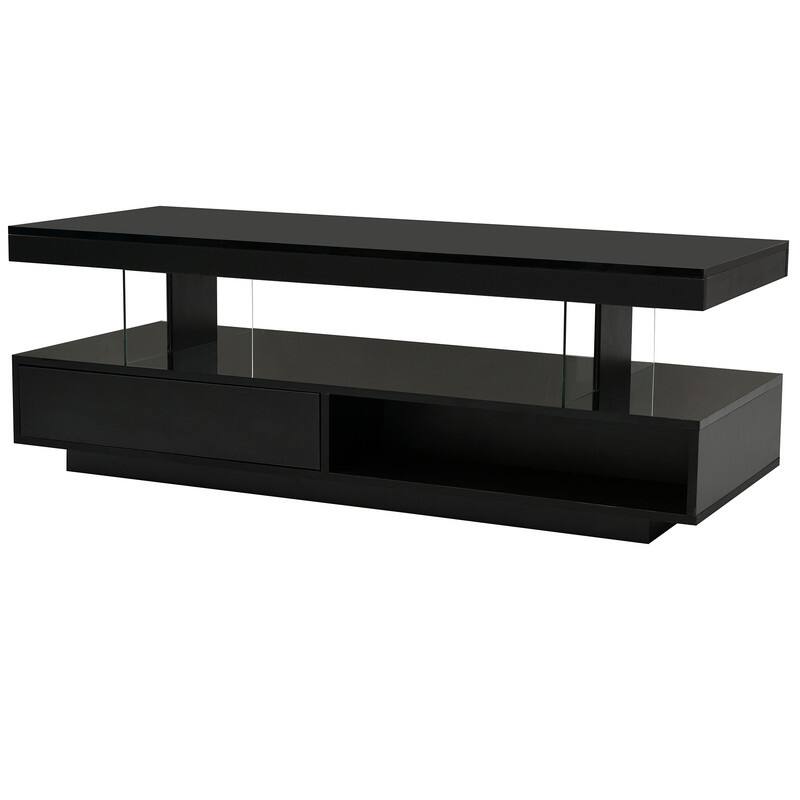 Modern Coffee Table with 2 Drawers and Display Shelves and LED Lights