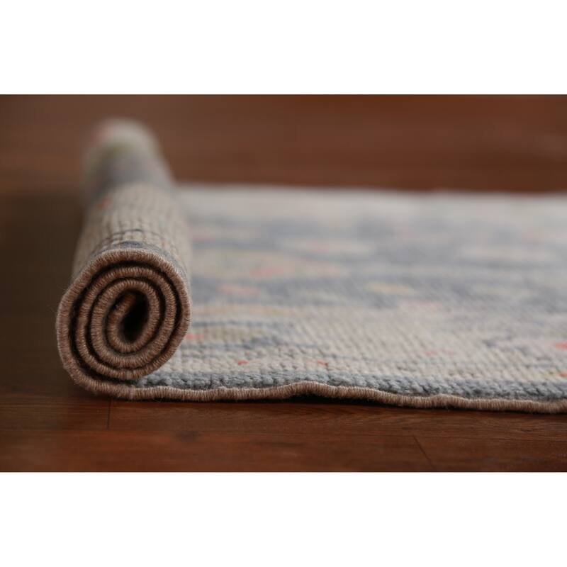 Hand Knotted Oriental 100% Wool Carpet Transitional Floral Navy Blue & Blues Oushak Runner Rug - 8' 10'' X 3' 0''