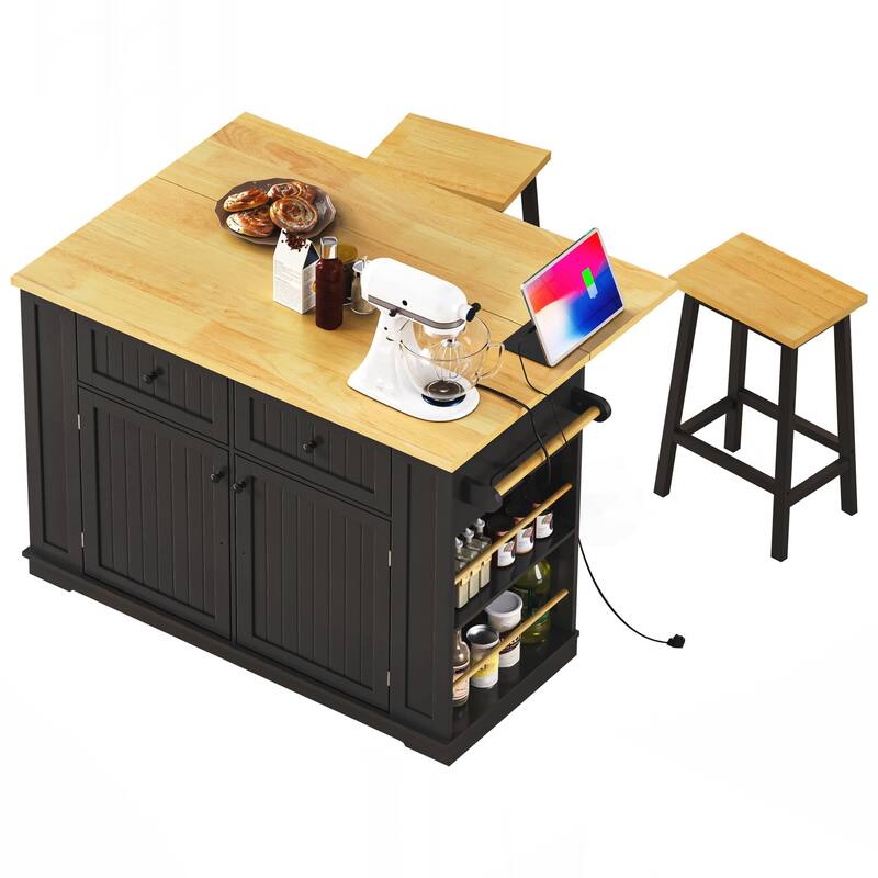 Kitchen Island with 2 Bar Stools, Power Outlet, Door Internal Storage Rack, Kitchen Storage Cart on 5 Wheels with Drop Leaf