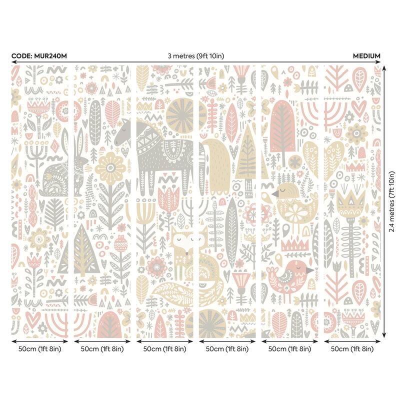 Peach Scandi Forest Animals Wall Mural