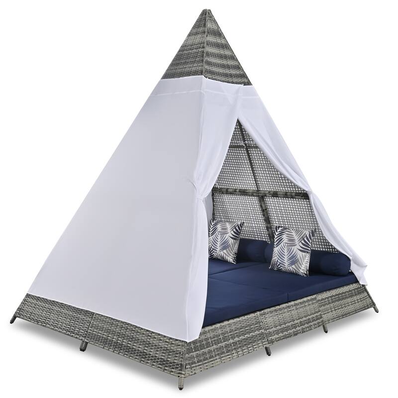 90.5" Outdoor Wicker Sunbed With Colorful Pillows, Cushions & Tent Shape