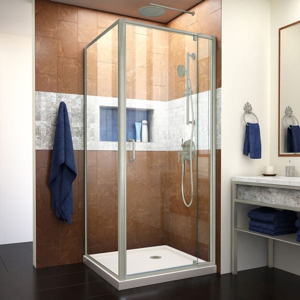 slide 2 of 32, DreamLine Flex 32 in. D x 32 in. W x 74 3/4 in. H Pivot Shower Enclosure and Shower Base Kit - 32" x 32" - 32" x 32"