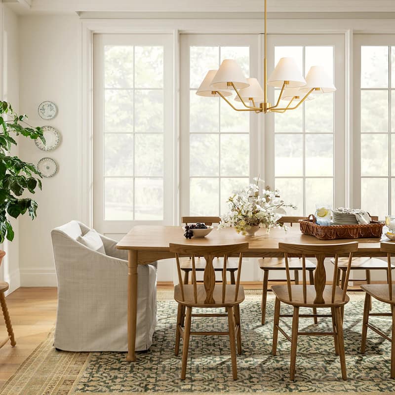 6-Light Mid-Century Modern Brass Chandelier with White Fabric Shades - Gold Finish Ceiling Light Fixture for Living Room