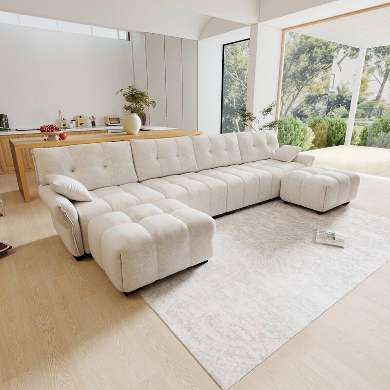 141.7" Chenille U-Shaped Sofa 6 Seater Upholstered Couch with 2 Ottomans for Living Room
