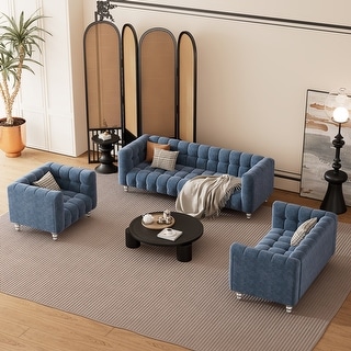Blue Polyester Upholstered Sofa Set, Solid Wood Legs, 3 Seater ...