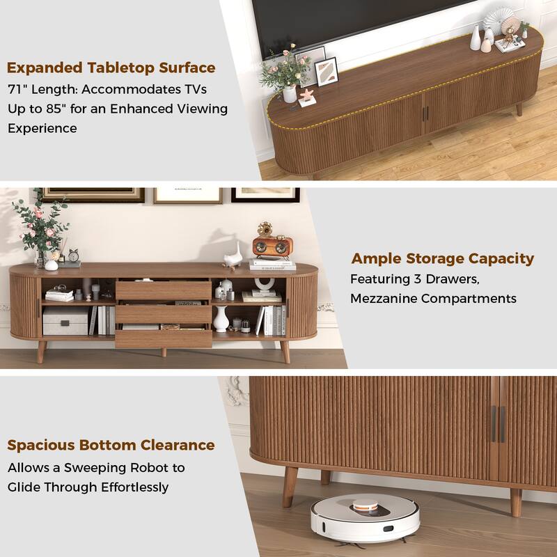 Gymojoy 71" Mid-Century Modern TV Stand, Walnut Media Console with Sliding Doors, Entertainment Center for TVs up to 80".
