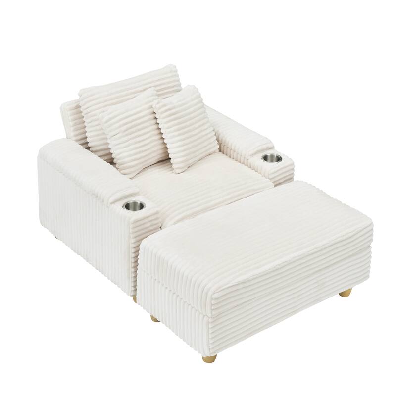 Corduroy Accent Chair & Storage Ottoman Set of 2, Single Sofa Armchair Lounge Chair with Pillows & Cup Holders