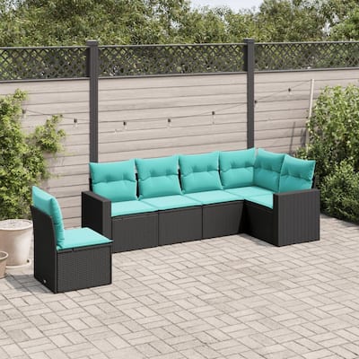 vidaXL 6/7 Piece Patio Sofa Set with Cushions Black Poly Rattan - 24.4" x 24.4" x 27.2"