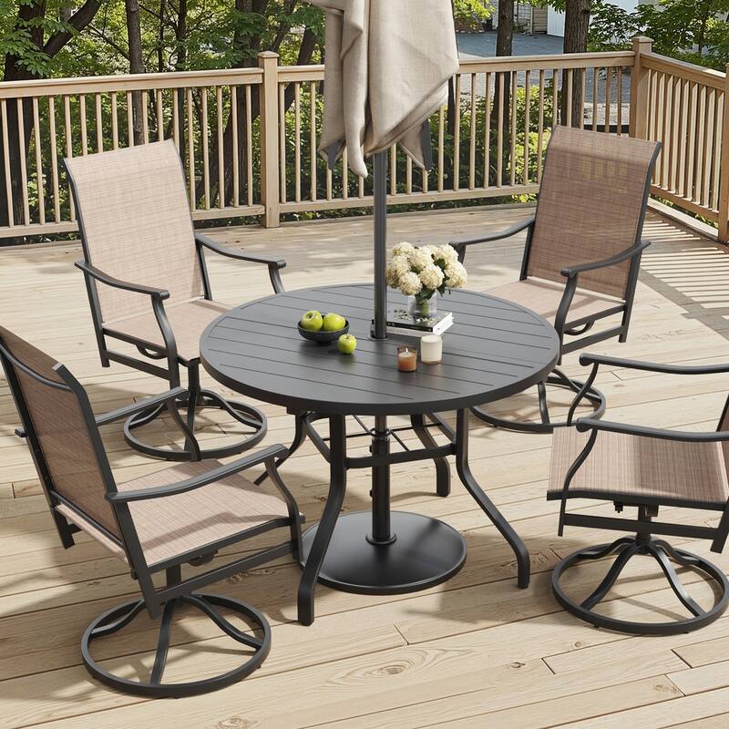 Round Outdoor Dining Table, 41" Round Patio Table Wood-Like Grain with 1.57" Umbrella Hole, Metal Outdoor Dining Tables