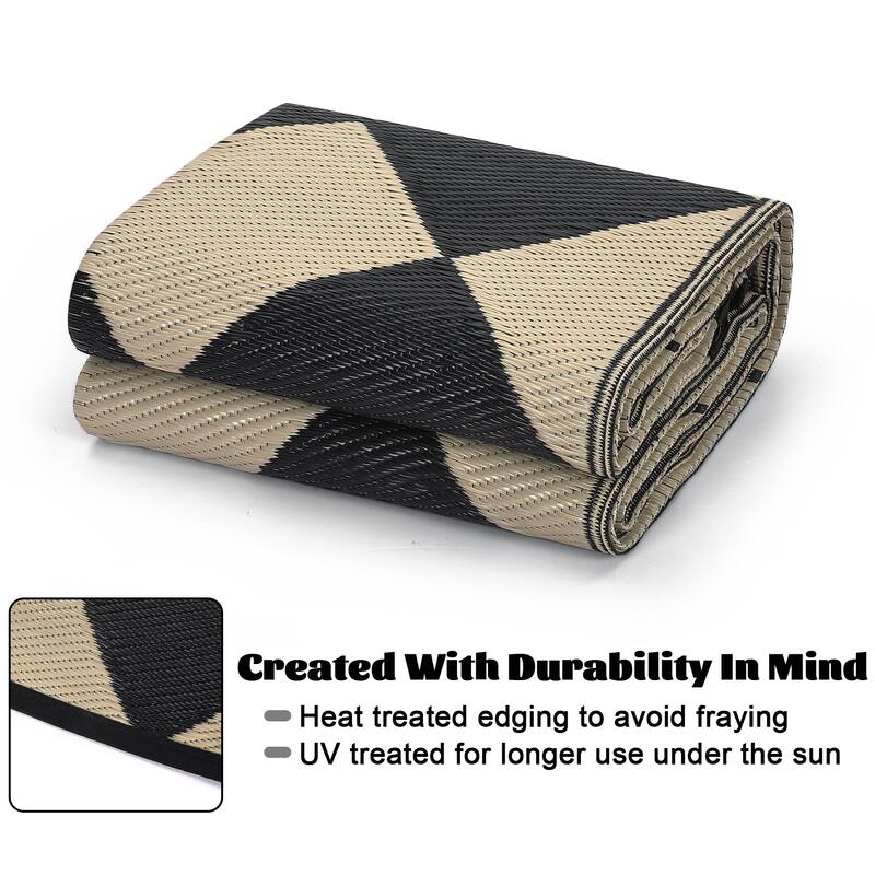 Outdoor Rug Waterproof Reversible Rug Plastic Straw Rug Checkered Floor Mat Outside Carpet for Camping RV Backyard Patio
