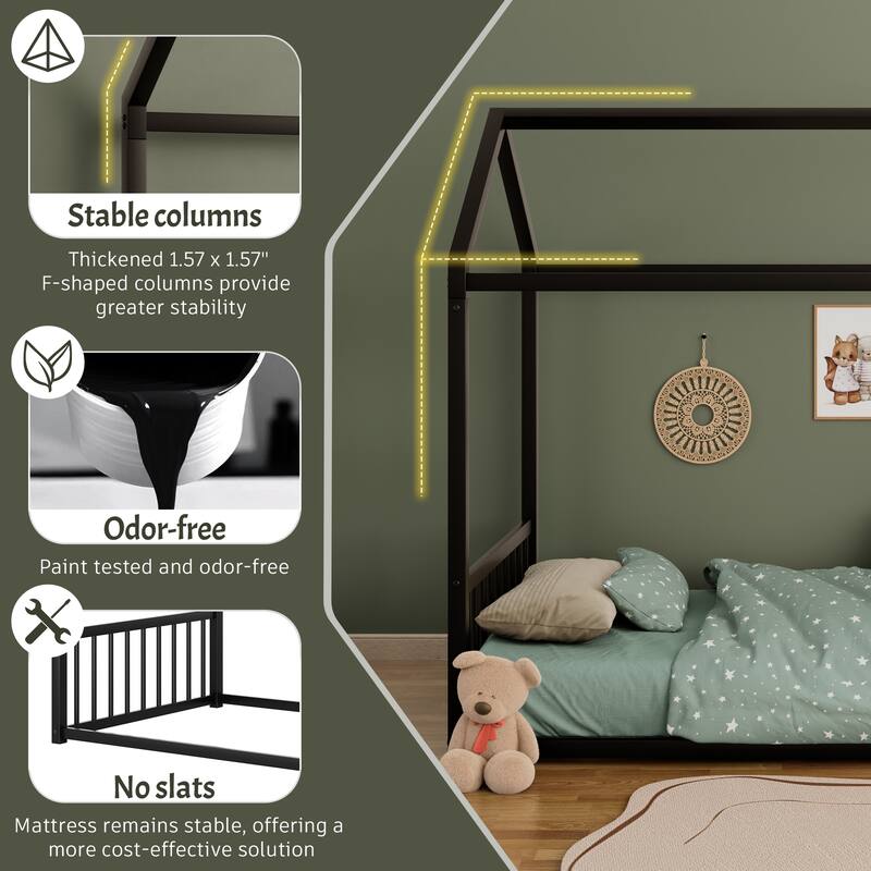 Montessori Metal House Bed with End Guardrails by Harper&Bright Designs