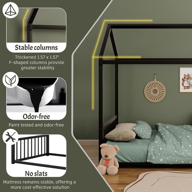 Montessori Style Metal Floor Bed Frame, House Shaped Bed for Kids and Toddlers, No Slats, House Bed