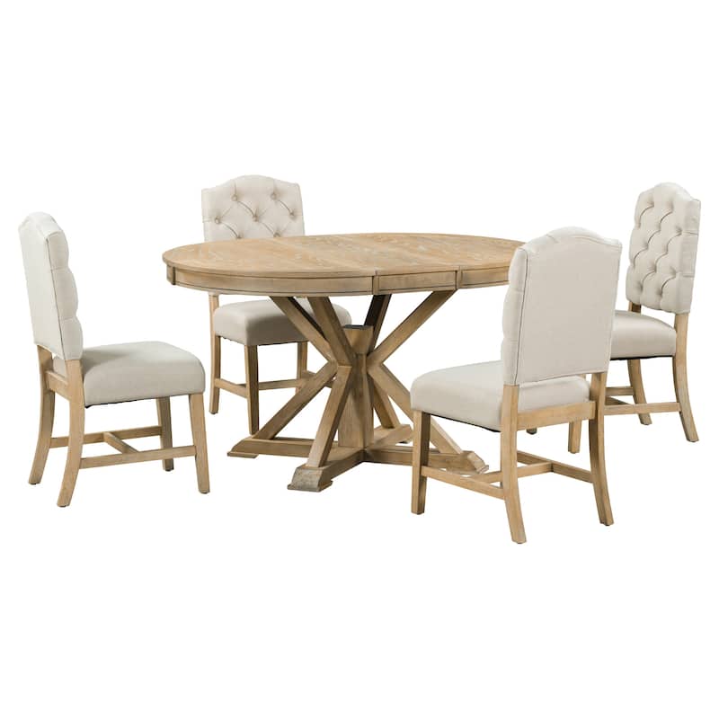 Functional Dining Table Set with Extendable Table and 4 Upholstered Chairs