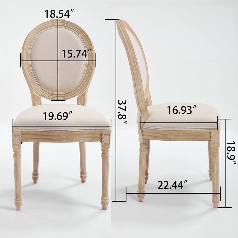 French Style Solid Wood Frame Linen Fabric Oval Back Dining Chair (Set of 2)