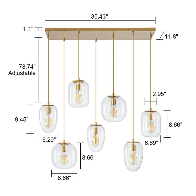 Mid-Century 7-Light Cluster Glass Globe Kitchen Island Pendant Chandelier - W35.43"