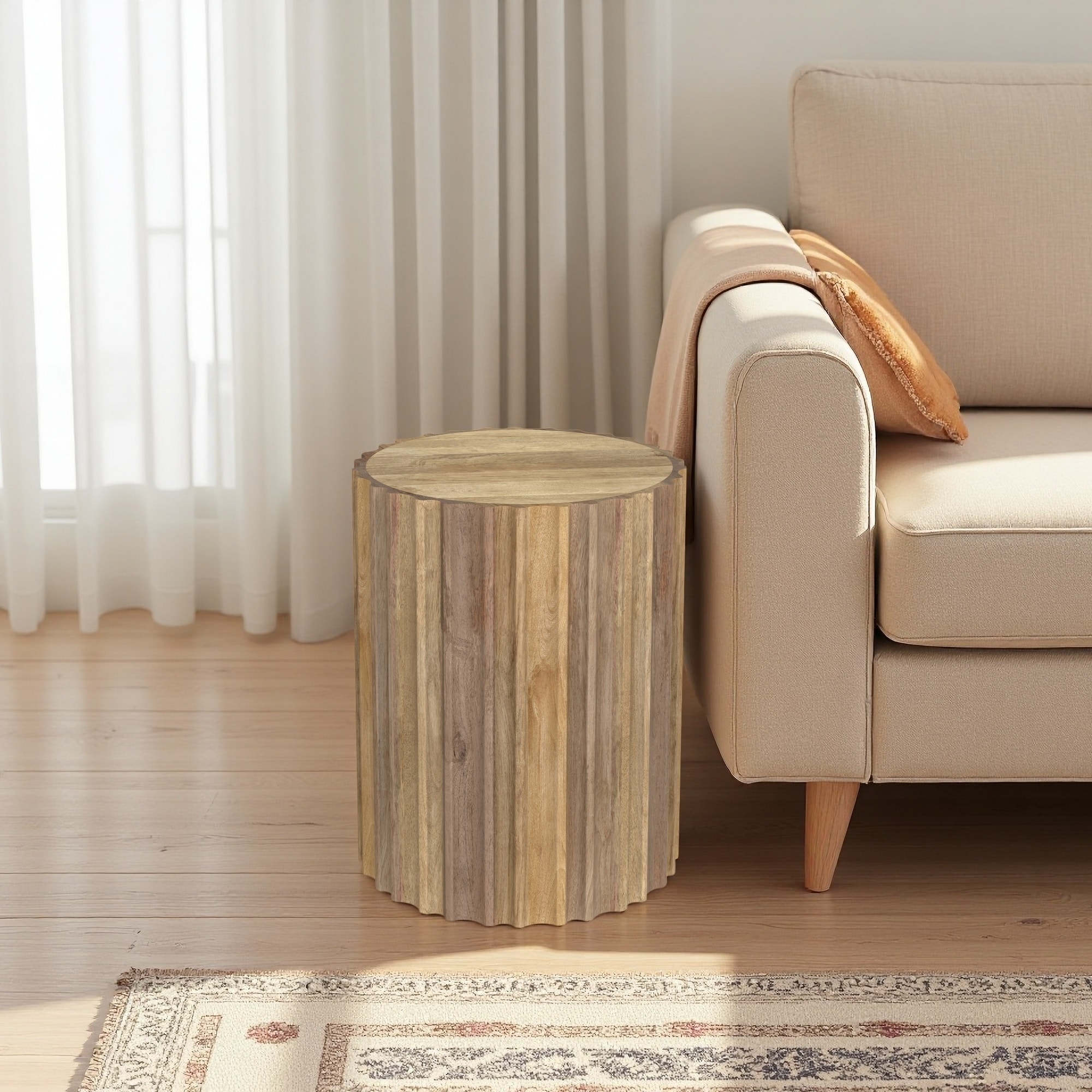 16" Solid Mango Wood Fluted Drum Side Table, Round Natural Finish Accent End Table, Boho Contemporary Nightstand