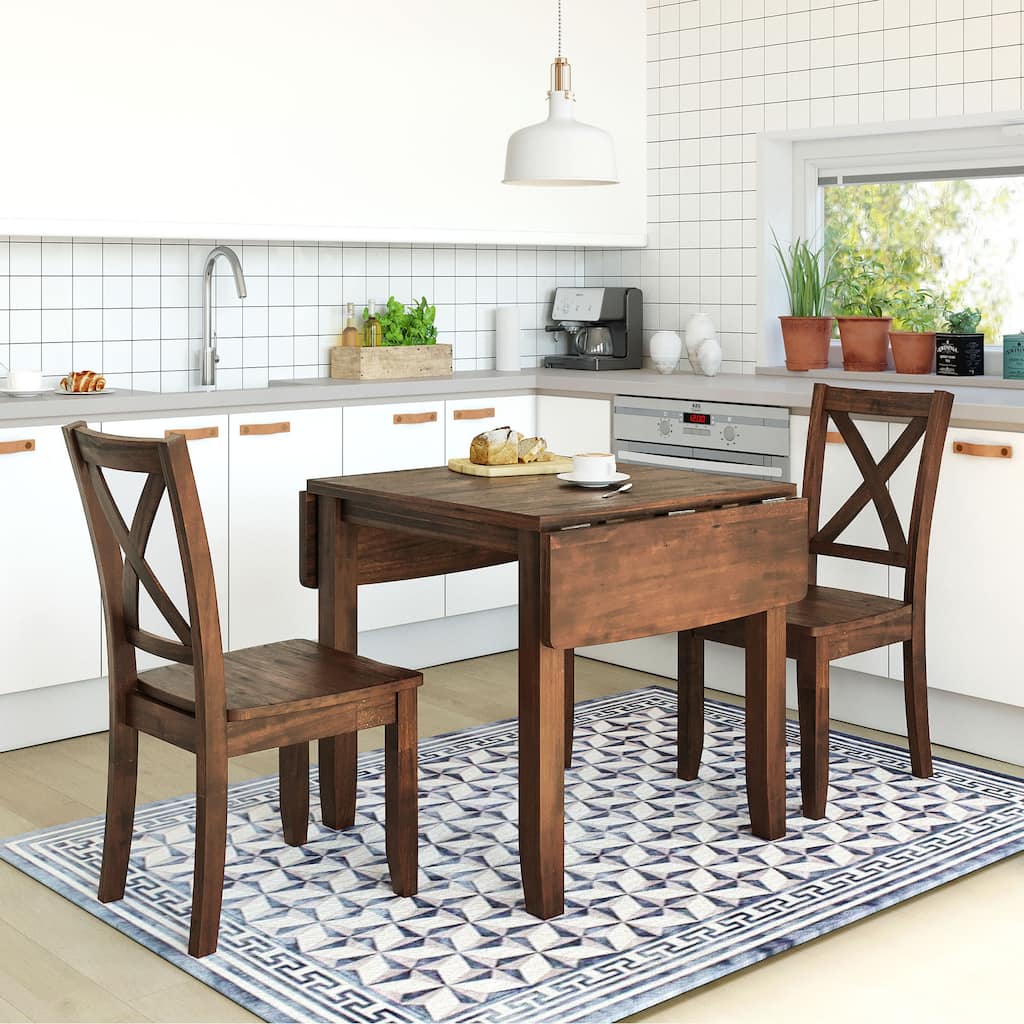 3-Piece Wood Drop Leaf Breakfast Nook Dining Table Set with Two X-back Chairs for Small Space Solutions