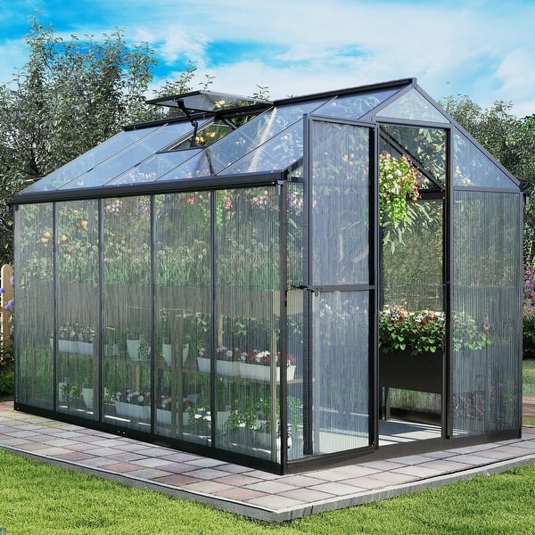 slide 2 of 32, Aoodor Polycarbonate Walk-in Greenhouse with Aluminum Frame and Roof Vent 6' x 10' - Black