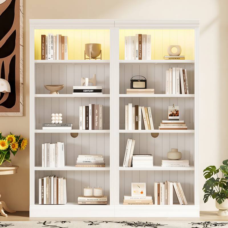 Merax Modern Tall Wood Bookcase with LED Light Strips and Adjustable Shelves - White