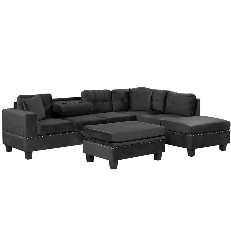 105.1" Velvet L-Shaped Sectional Sofa with Reversible Chaise, Storage Ottoman and Cup Holders