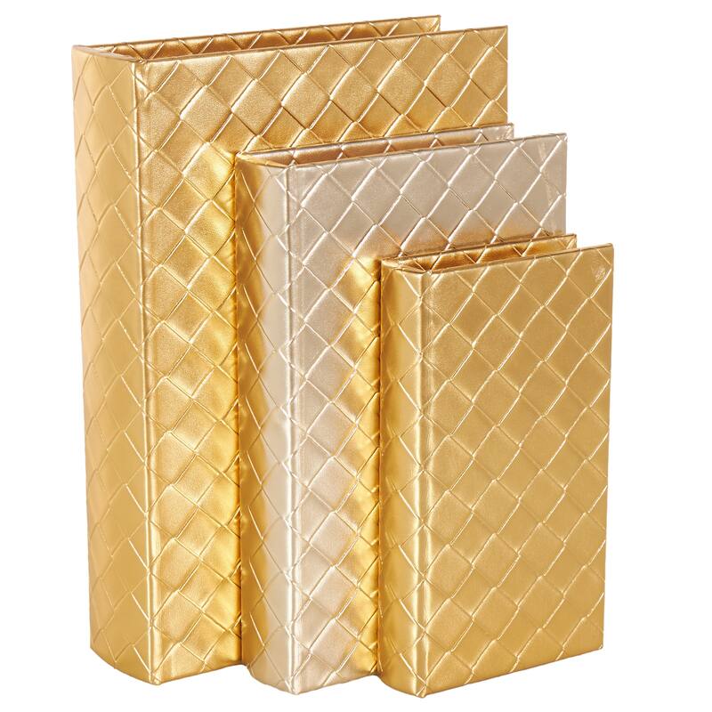 Faux Leather Geometric Metallic Textured Diamond Faux Book Storage Box - Set of 3 Gold - Roche River Decor - Gold